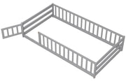Twin Floor Bed with Door & Fence, Kids Wood Montessori Bed with Safety Guardrails