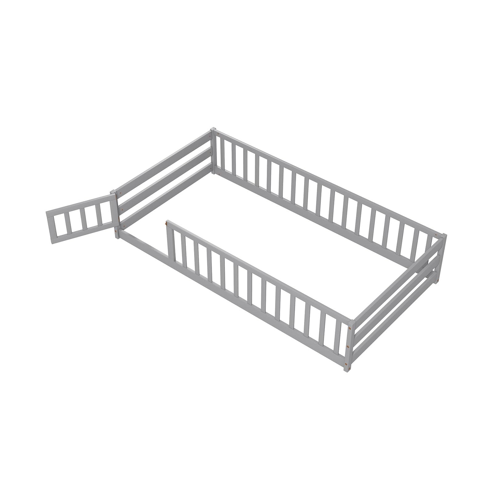Twin Floor Bed with Door and Fence for Kids