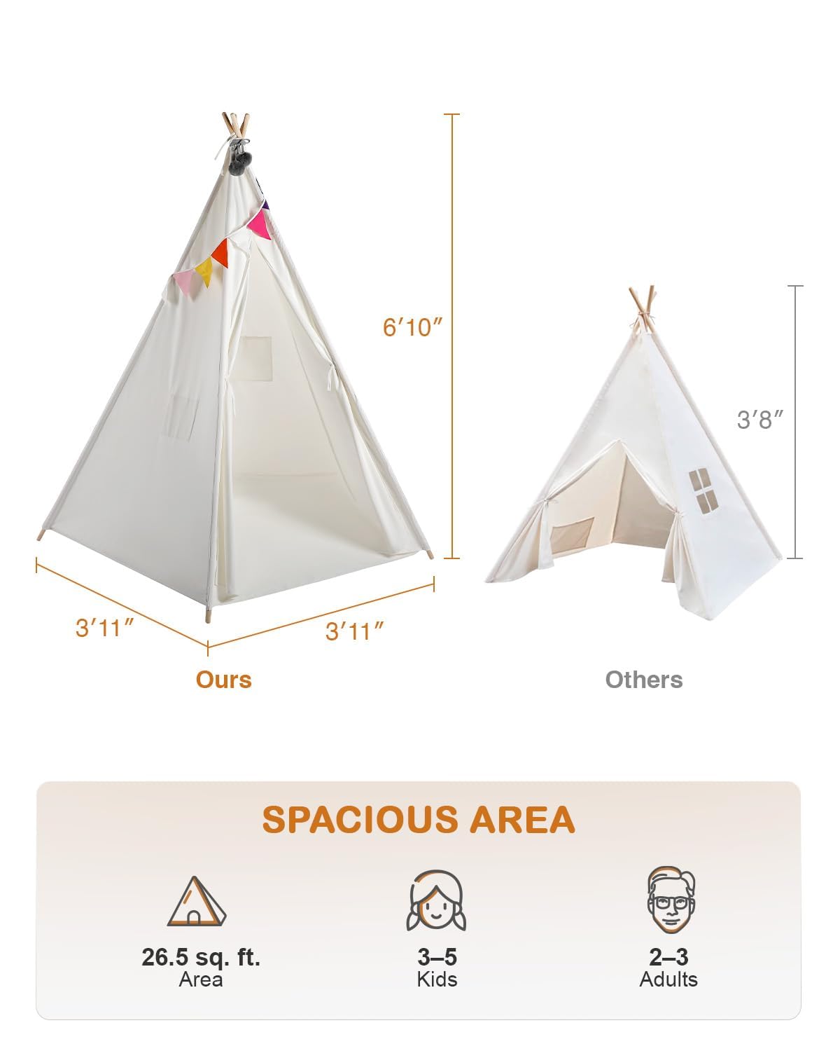 85" H Kids Teepee Play Tent, 2.1m Large Indoor Canvas Teepee Tent