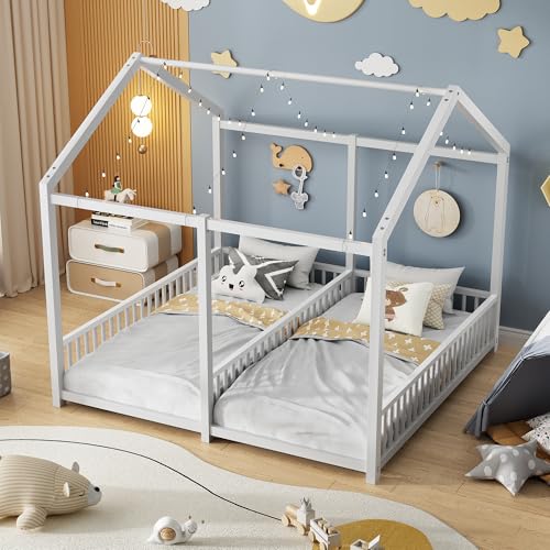Double Twin House Floor Bed with Fence and Roof