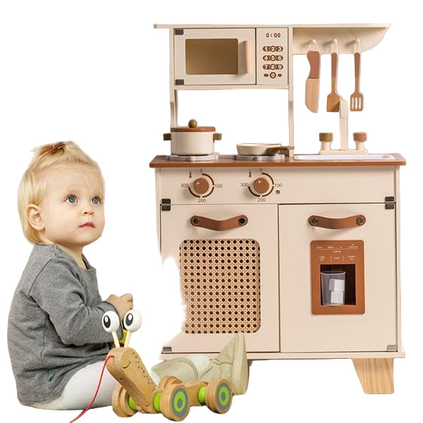 Kids Kitchen Playset, Mocha Montessori Wooden Play Kitchen with Ice Dispenser