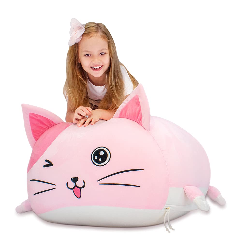Cute Cat Bean Bag Chair for Kids, Pink Stuffed Animal Storage Beanbag