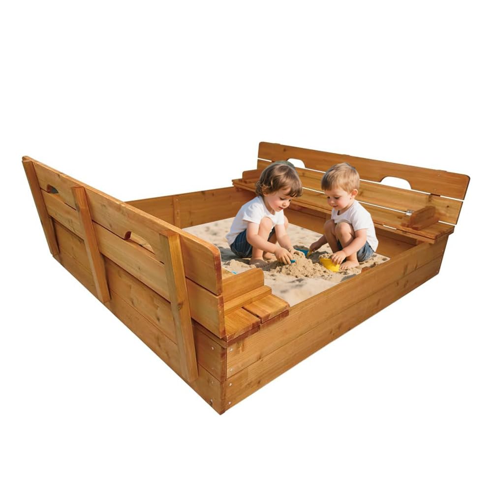 Wooden Sandbox with Lid and Bench Seats