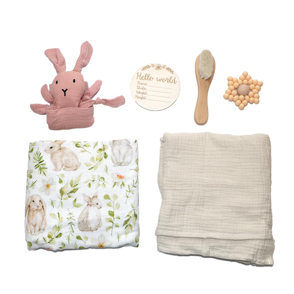 DI'FRANT Newborn Baby Gift Box | Educational Teething Toy & Soothing Crochet Rattle Set | 70% Bamboo & 30% Cotton | Perfect Baby Full Moon Gift in Eco-Friendly Kraft Box (Pink Rabbit)