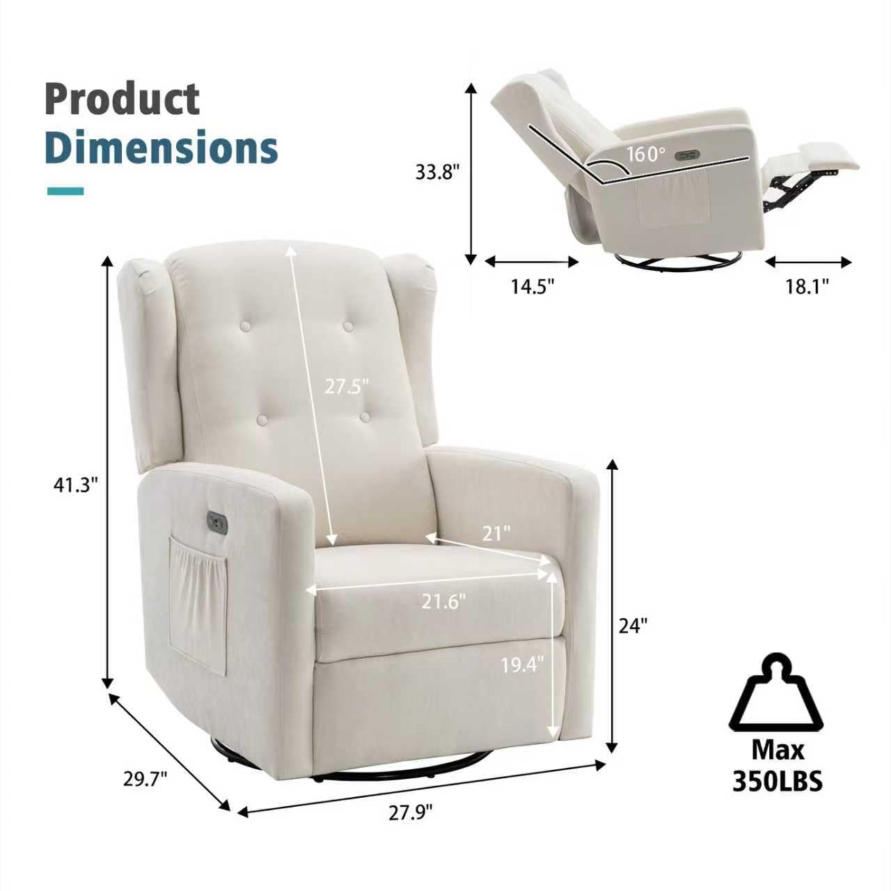Power Swivel Rocking Recliner Chair with USB Charging Ports