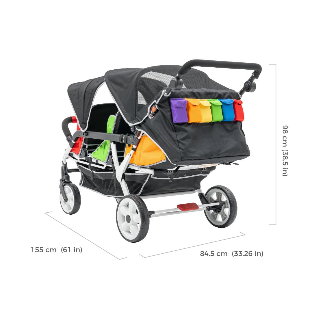 6-Seat Tandem Stroller with Double Canopy and Safety Harness