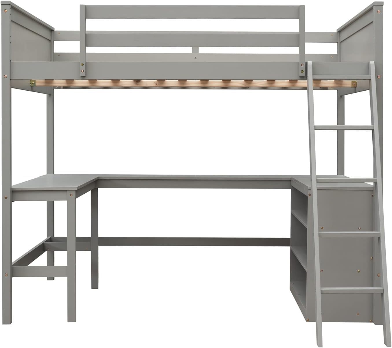 Full Loft Bed with Desk and Storage Shelves Bookcase High Loft Bed Frame Compatible