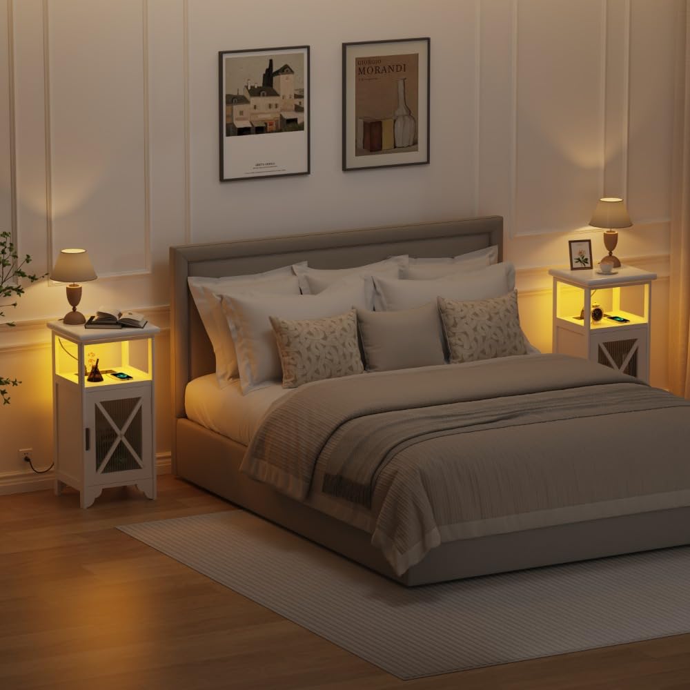 Fully Assembled Tall Nightstand with LED Light and Charging Station