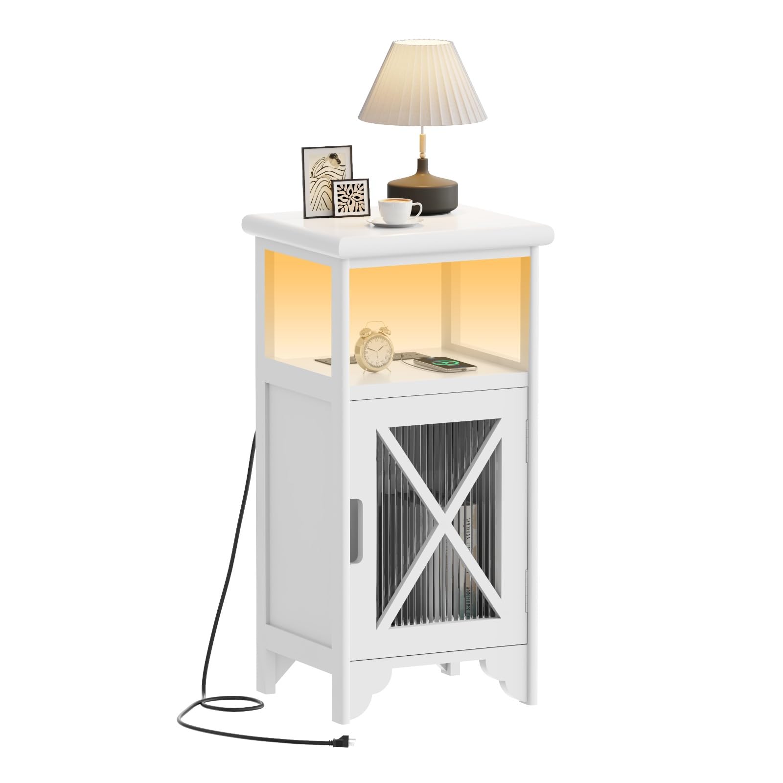 Fully Assembled Tall Nightstand with LED Light and Charging Station