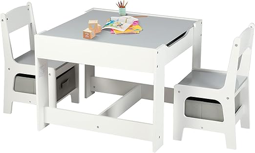 Kids Wood Table & 2 Chairs Set, 4 in 1 Children Activity Table w/Double Bookcase,