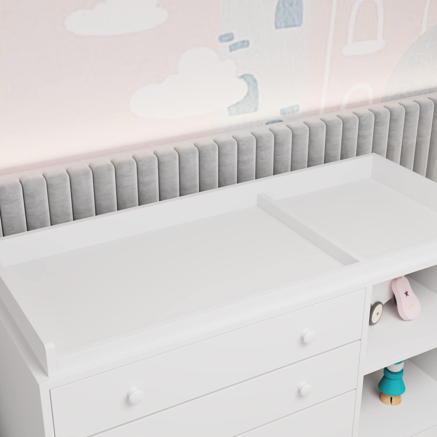 White Nursery Dresser with 5 Drawers and Storage Shelves