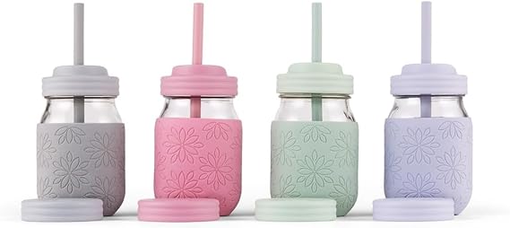 16 oz Mason Jar Cups with Straw Lids + Silicone Straws | Pint Glass Jars | Smoothie