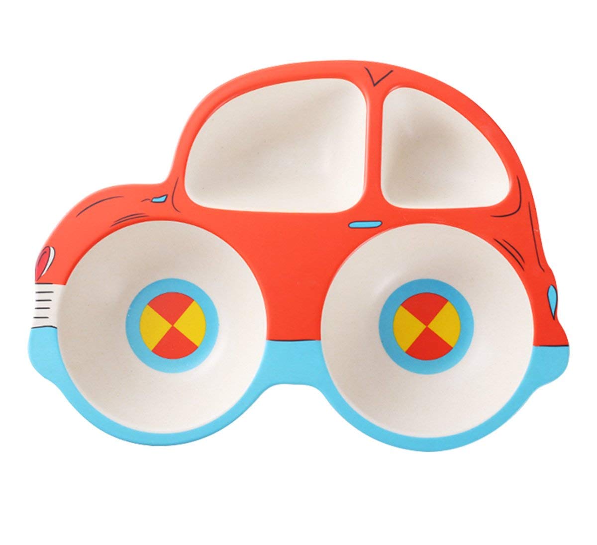 HYOATREA Kids Dinnerware Set, 5 Piece Car Shaped Plate and Bowl Set, Divided Plates with Spoon and Fork, Picky Eater Friendly, Dishwasher Safe, Gift for Toddlers