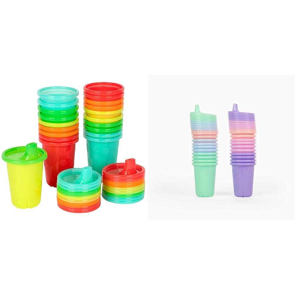 First Years Take & Toss Spill Proof Sippy Cups 20 Count Rainbow Party Pack and 20 Count Pastel Value Party Pack Toddler Cups with Snap On Lids for Ages 9 Months and Up