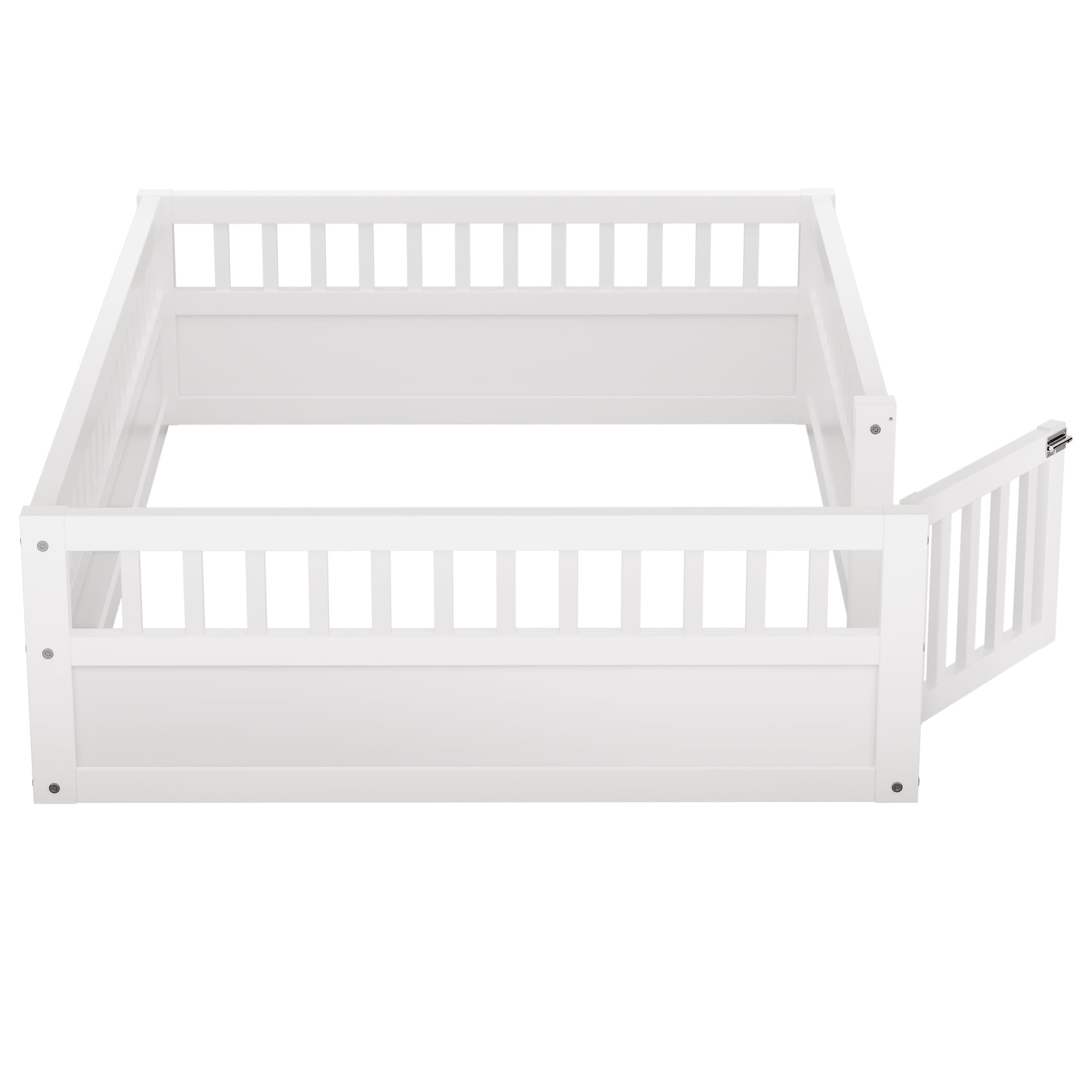Full Size Floor Bed Frame with Convertible Door & Guardrails