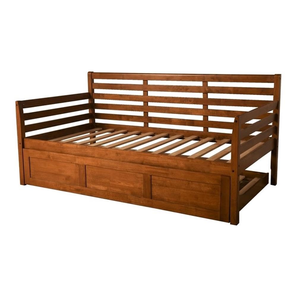 Traditional Wood Twin Daybed with Trundle in Brown-Mattress