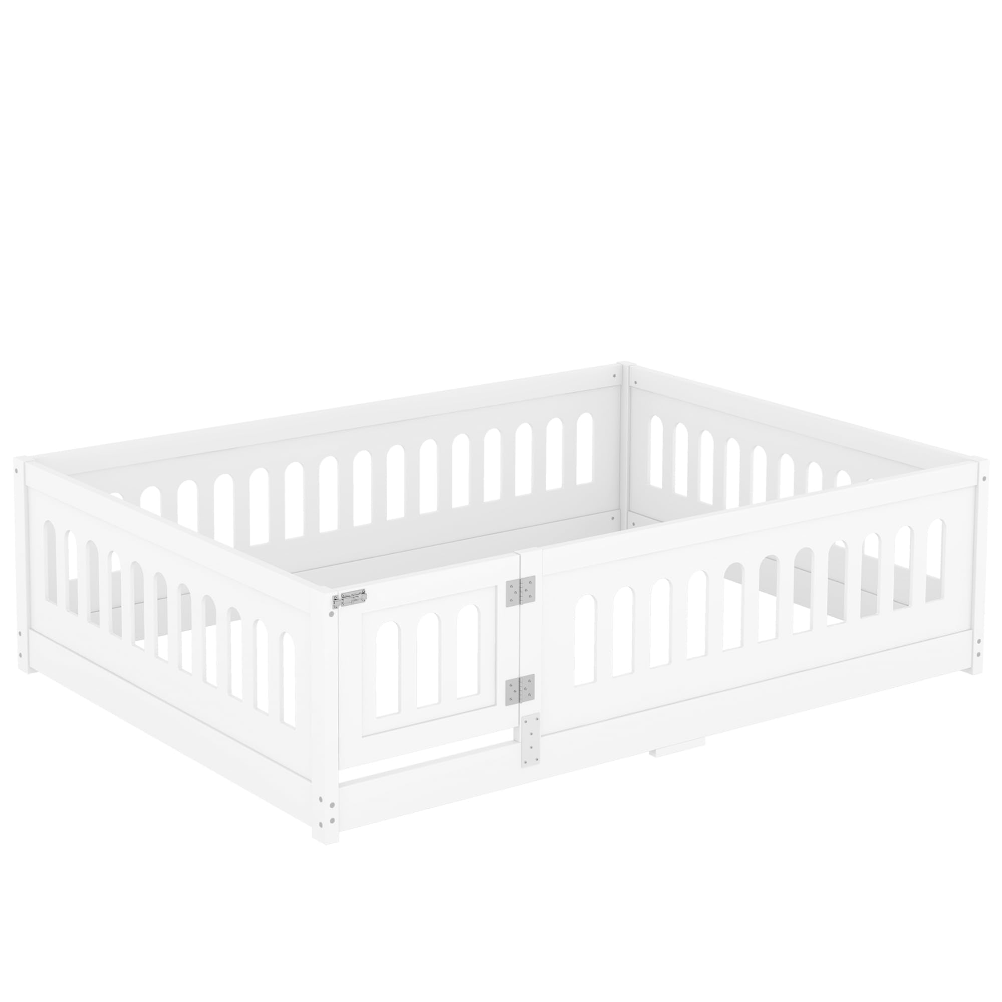 Full Size Montessori Floor Bed with High Fence and Door