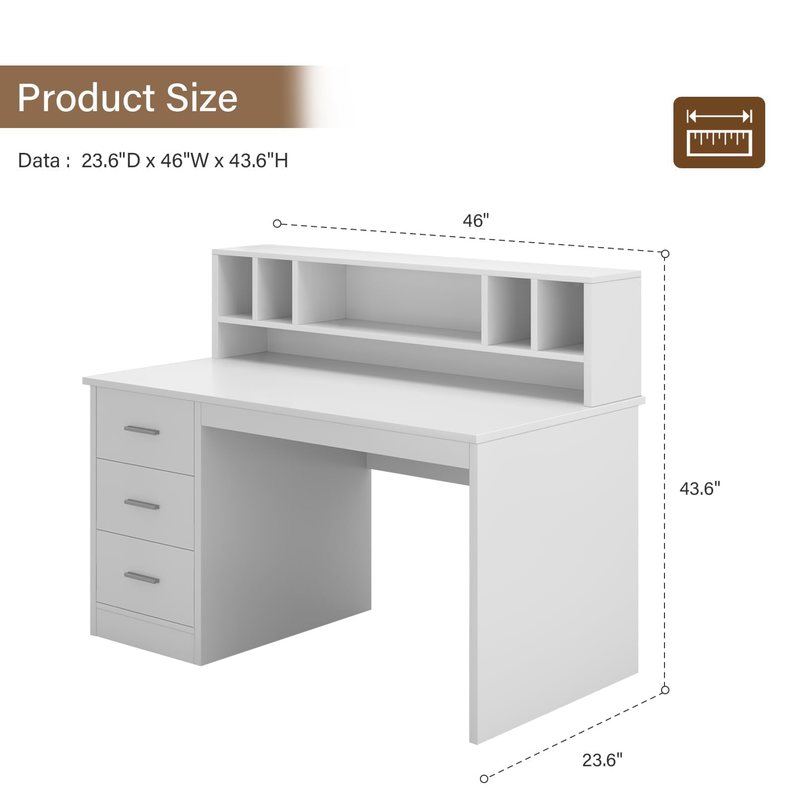 White Desk with Storage Drawers and Hutch for Bedroom