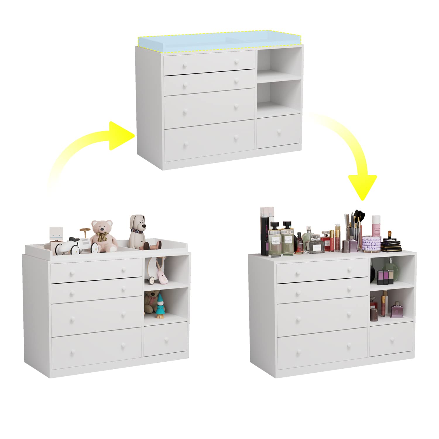 Baby Dresser, White Bedroom Dresser with 5 Drawers & Storage Shelves