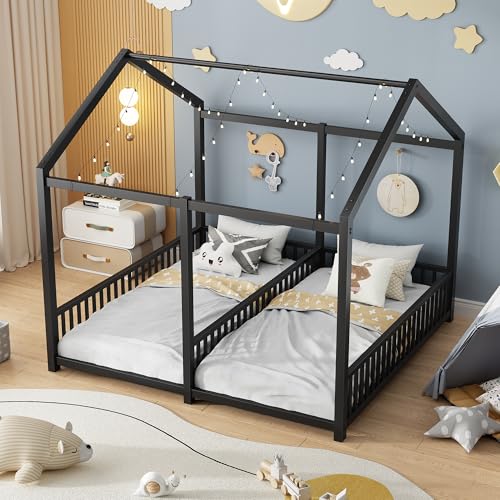 Double Twin House Floor Bed with Fence and Roof