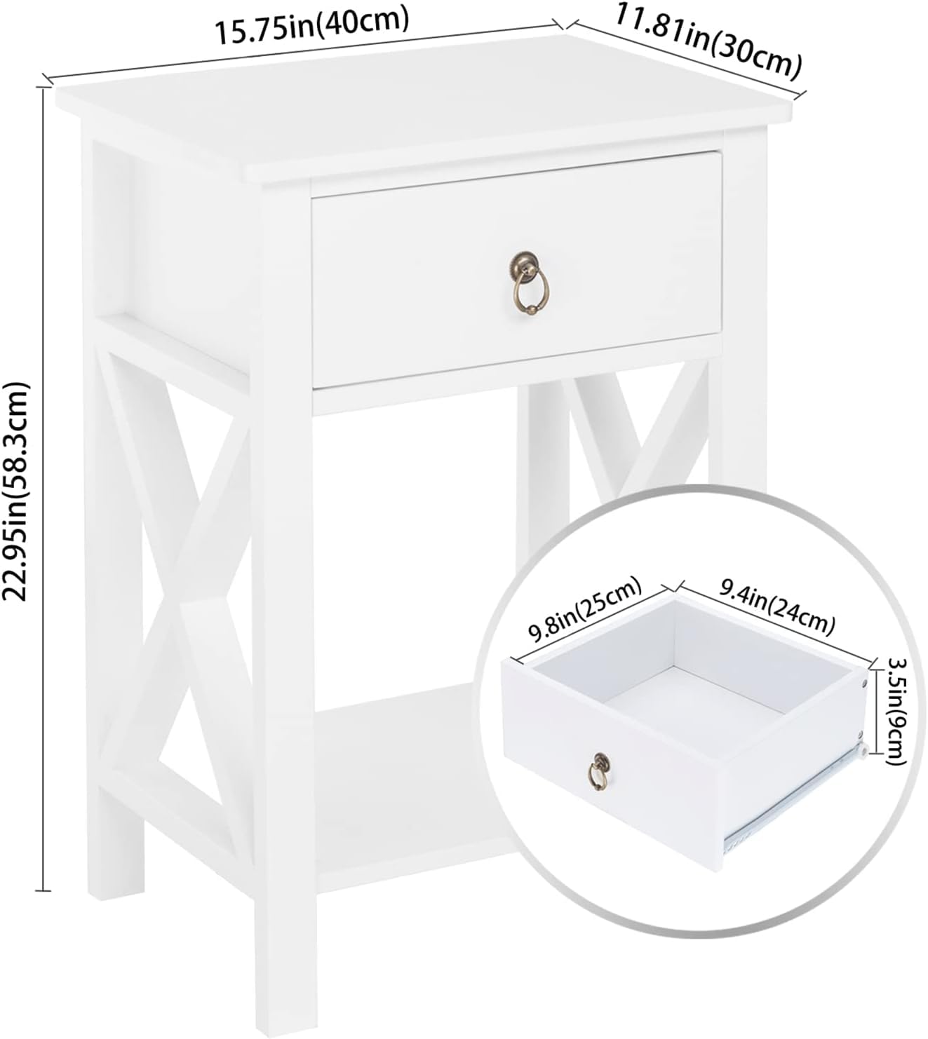 White Nightstand with Drawer and Shelf