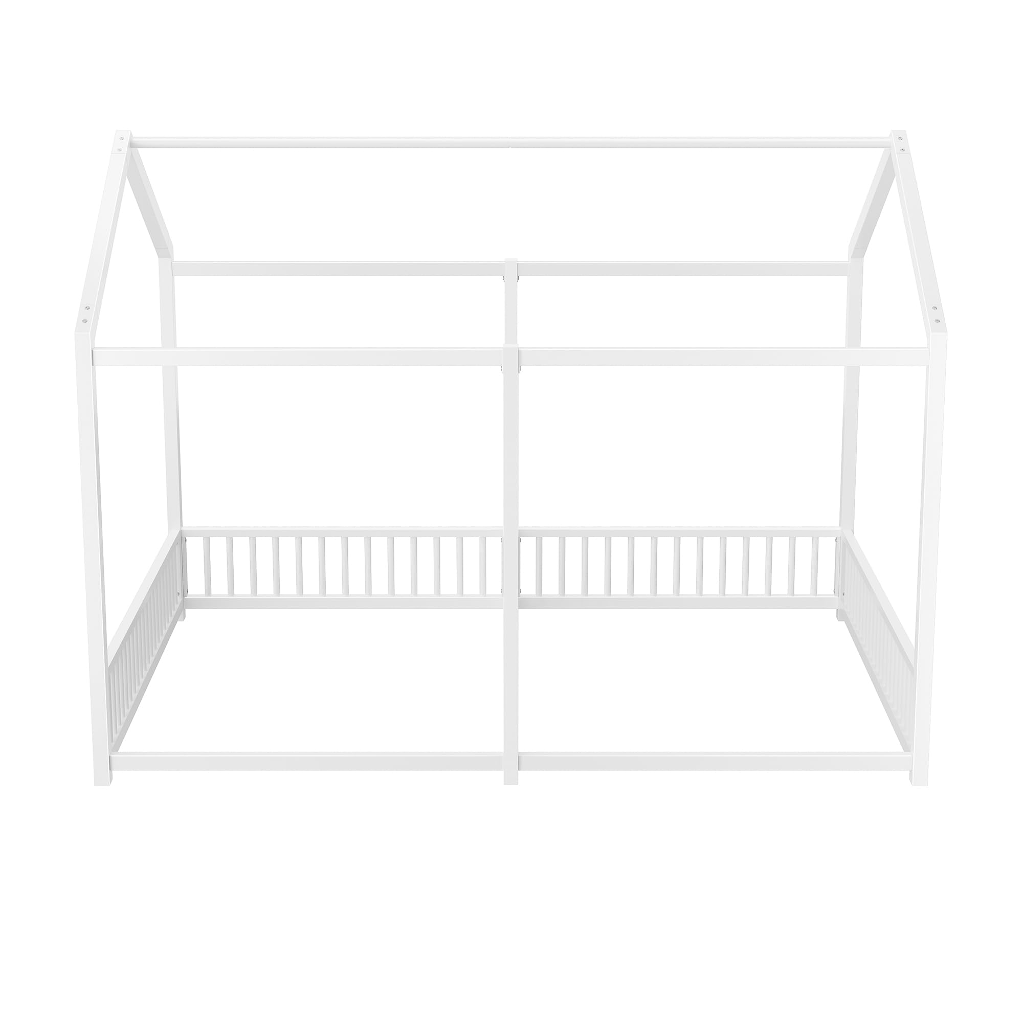Double Twin House Floor Bed with Fence and Roof