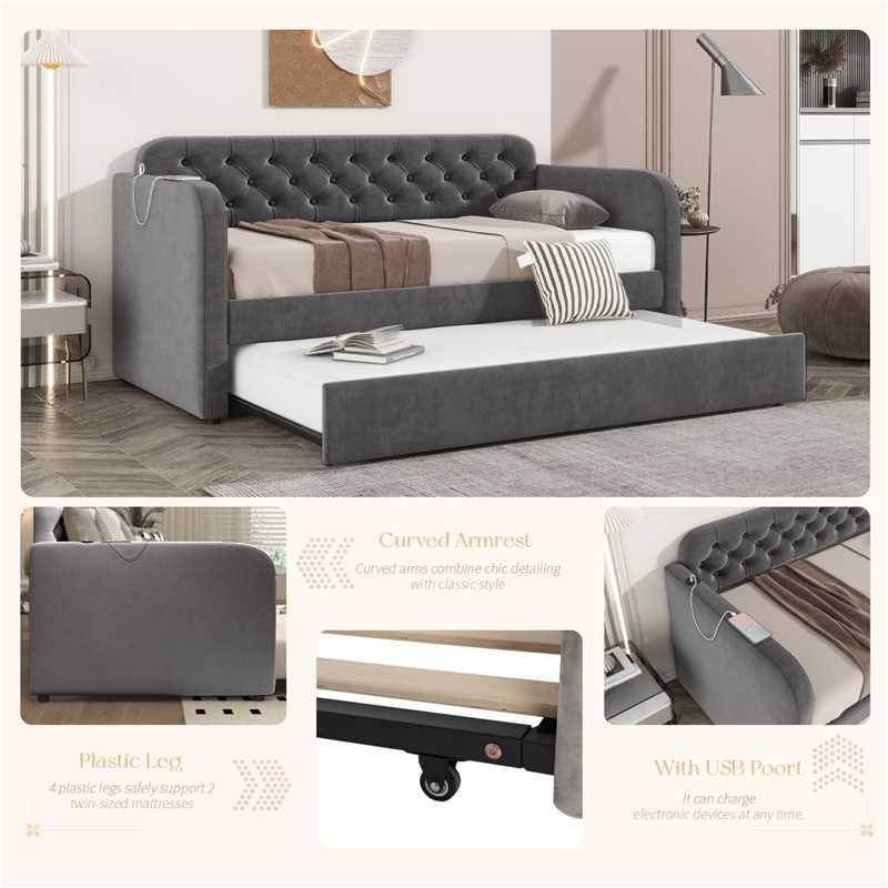 Velvet Upholstered Daybed with Trundle and USB Port