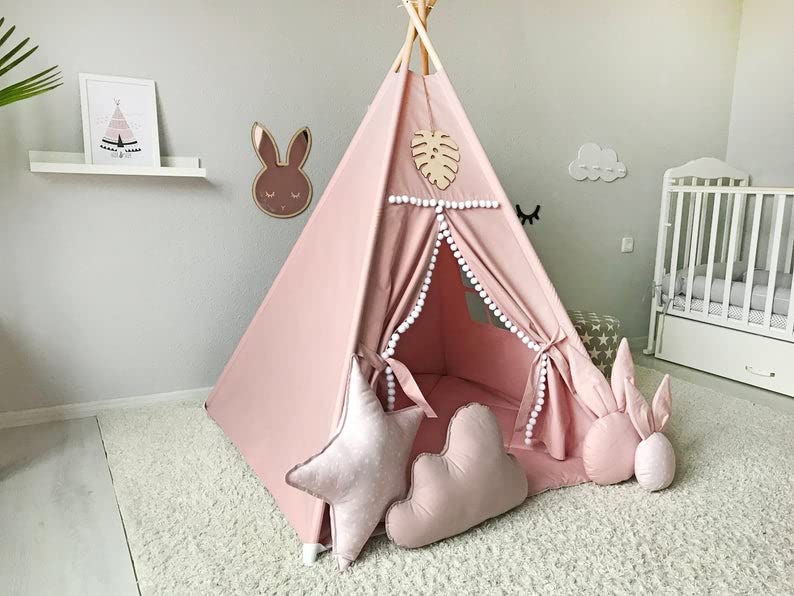 Kids Teepee Tent with White Pom Pom - Indoor Play Teepee
