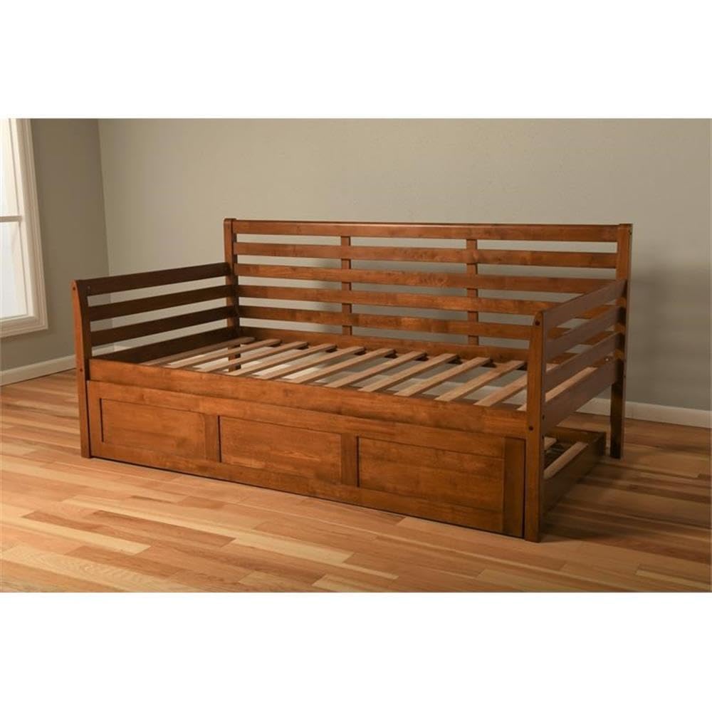 Traditional Wood Twin Daybed with Trundle in Brown-Mattress