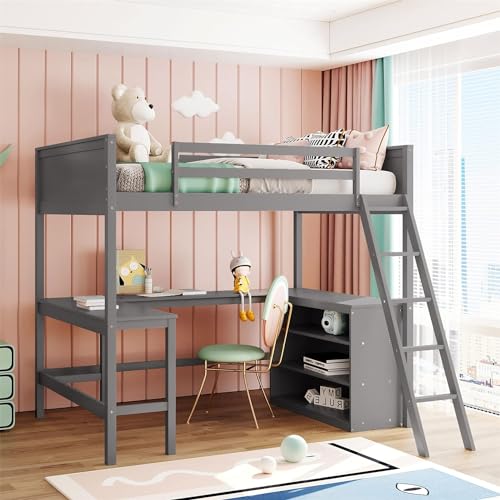 Full Loft Bed with Desk and Storage Shelves Bookcase High Loft Bed Frame Compatible