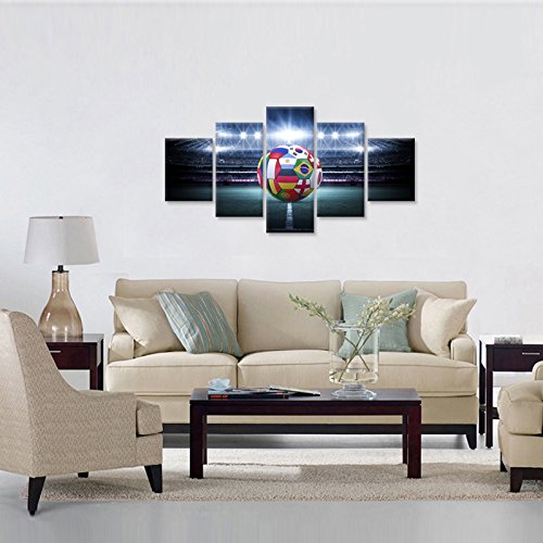 Large 5 Pieces Canvas Wall Art Light Shining Soccer Ball Stadium Close