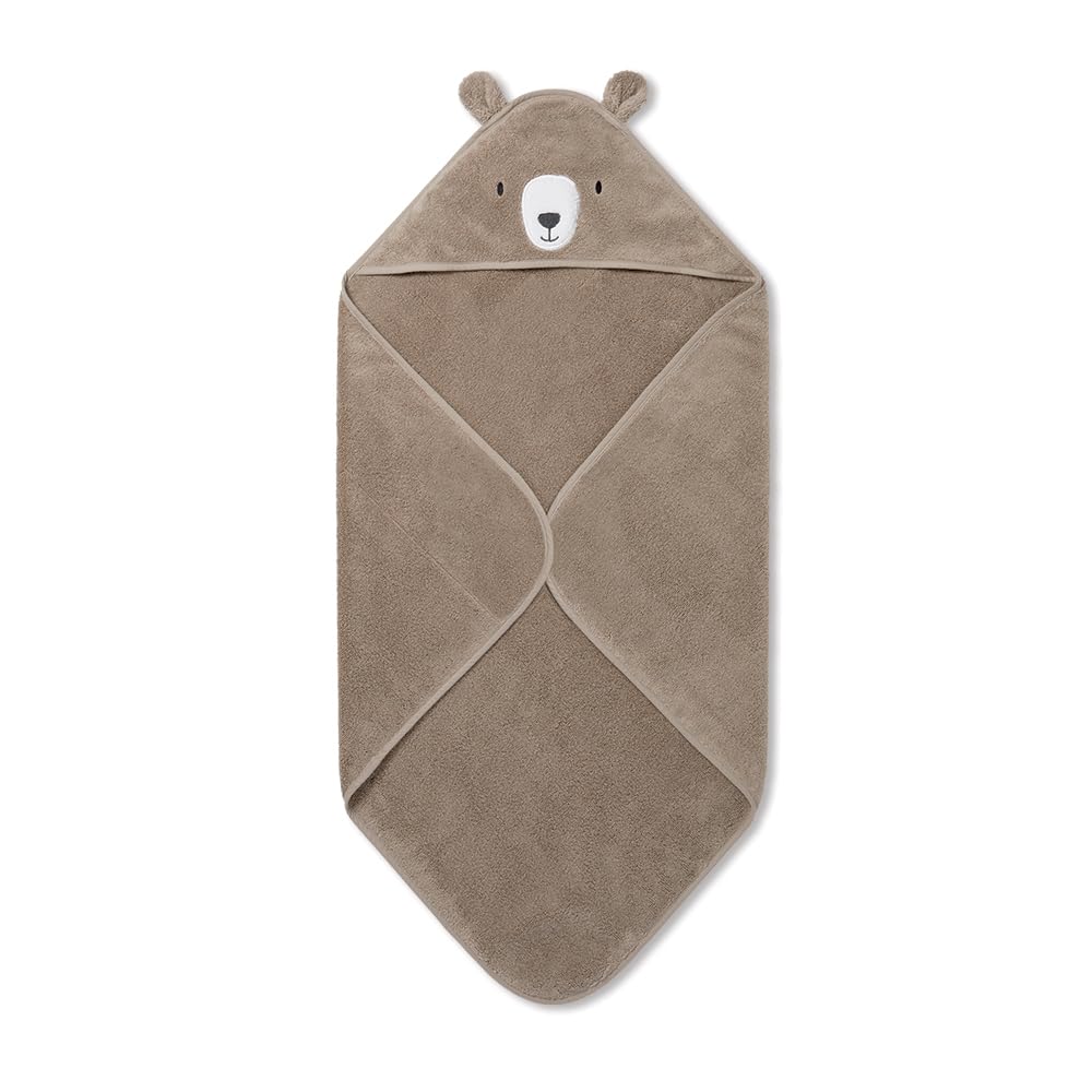 Hooded Bath Towel with Bear Design in Taupe - Unisex Soft Cotton