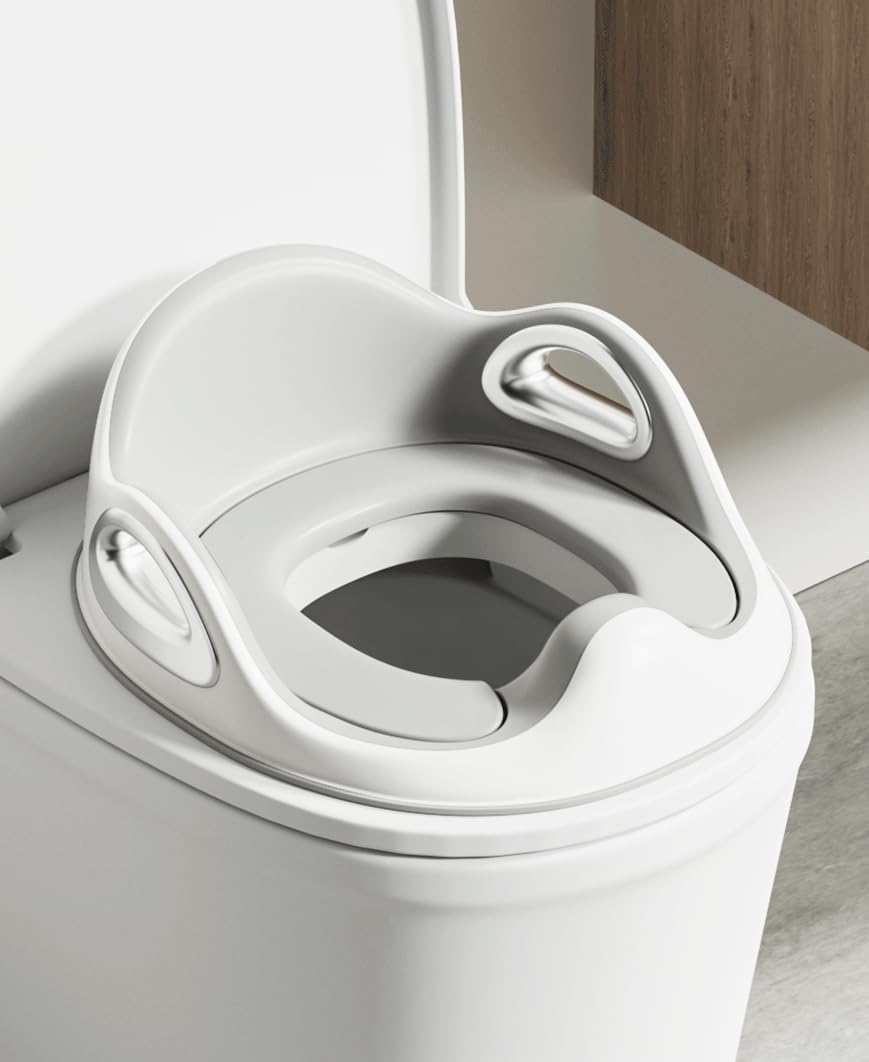 Youocomu Potty Training Toilet Seat, Toddler Toilet Seat Attachment with Safety Handles, Detachable Soft Cushion, Anti-Slip Design and Splash Guard, Baby Toilet Seats for Kids, Boys and Girls (Grey)