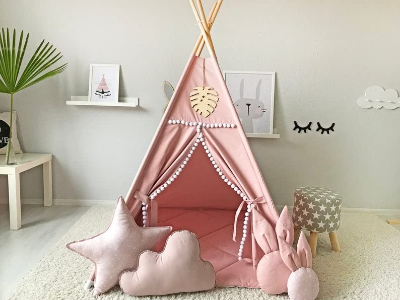 Kids Teepee Tent with White Pom Pom - Indoor Play Teepee