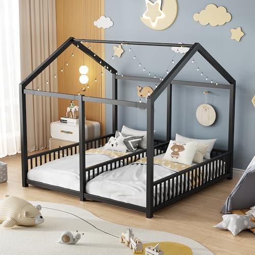 Double Twin House Floor Bed with Fence and Roof