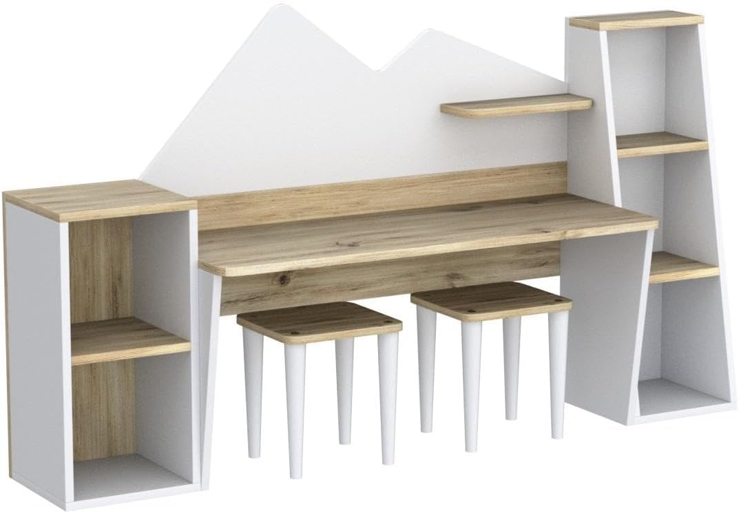 Kid's Study Desk with Bookshelf + 2 Stools for Ages 3-8