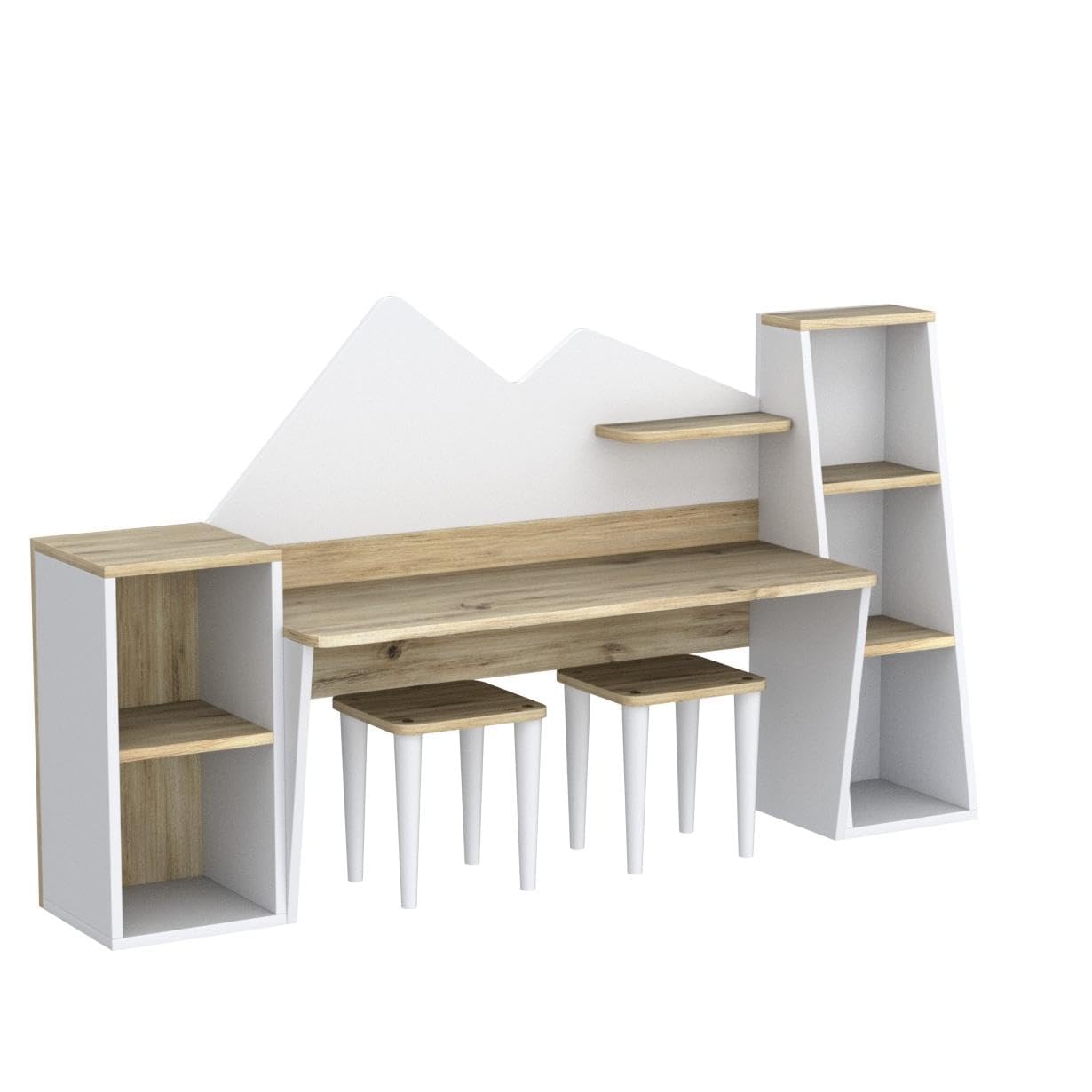 Kid's Study Desk with Bookshelf + 2 Stools for Ages 3-8
