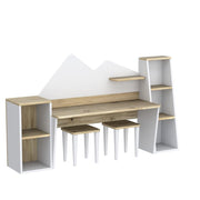 Kid's Study Desk with Bookshelf + 2 Stools for Ages 3-8