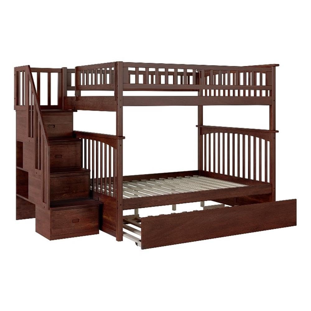 Full Over Full Solid Wood Bunk Bed with Trundle in Walnut
