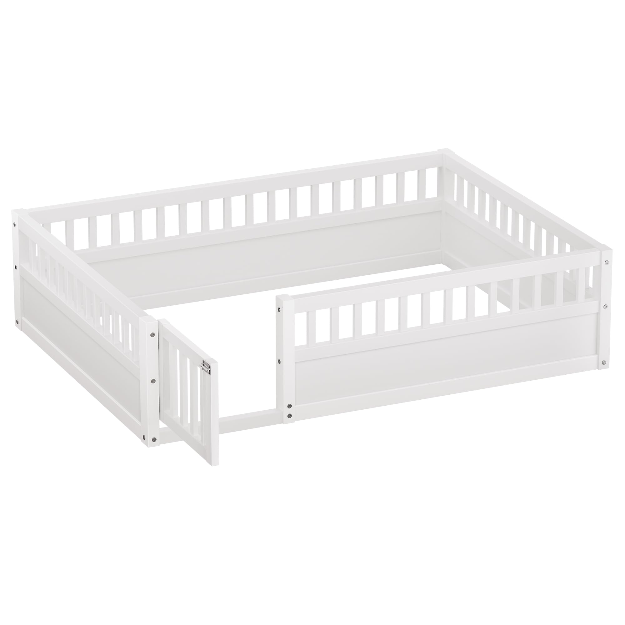 Full Size Floor Bed Frame with Convertible Door & Guardrails