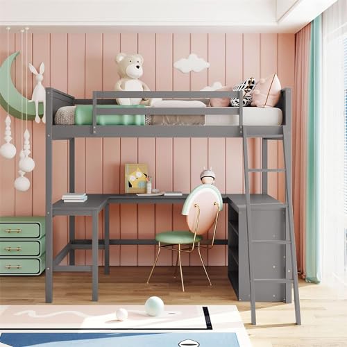 Full Loft Bed with Desk and Storage Shelves Bookcase High Loft Bed Frame Compatible