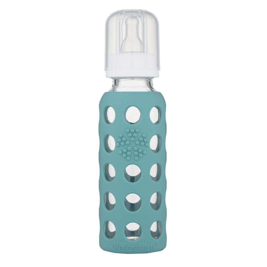 Glass Baby Bottle BPA Free 9 oz + Sippy Cap Set | Protective Silicone Sleeve | Kale