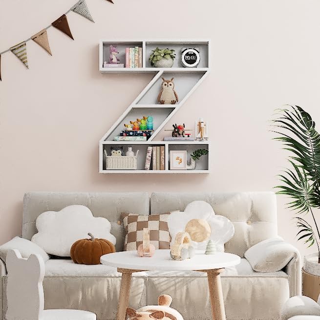 White Wooden Letter Z Floating Wall Shelf for Kids Room