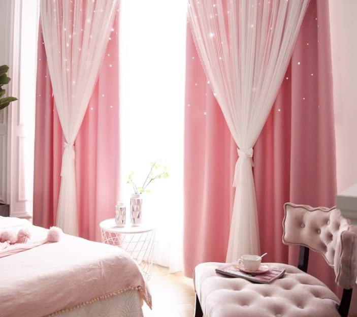 Pink Star Curtains for Girls Bedroom, Double Layer Kids Blackout Curtains