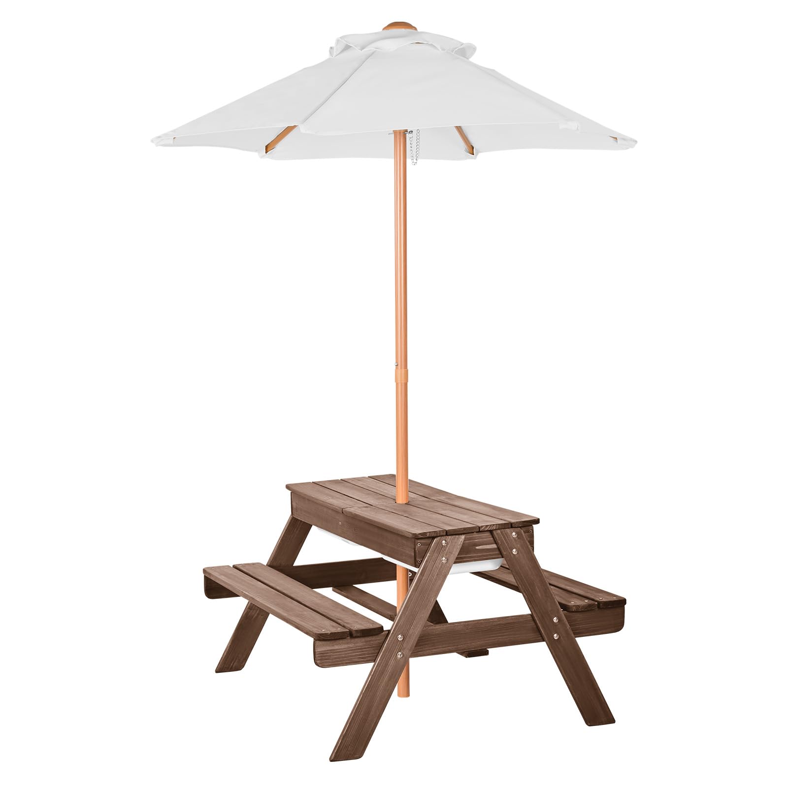Kids Picnic Table with Umbrella 3-in-1 Sand Water Table Outdoor Wooden Bench Set