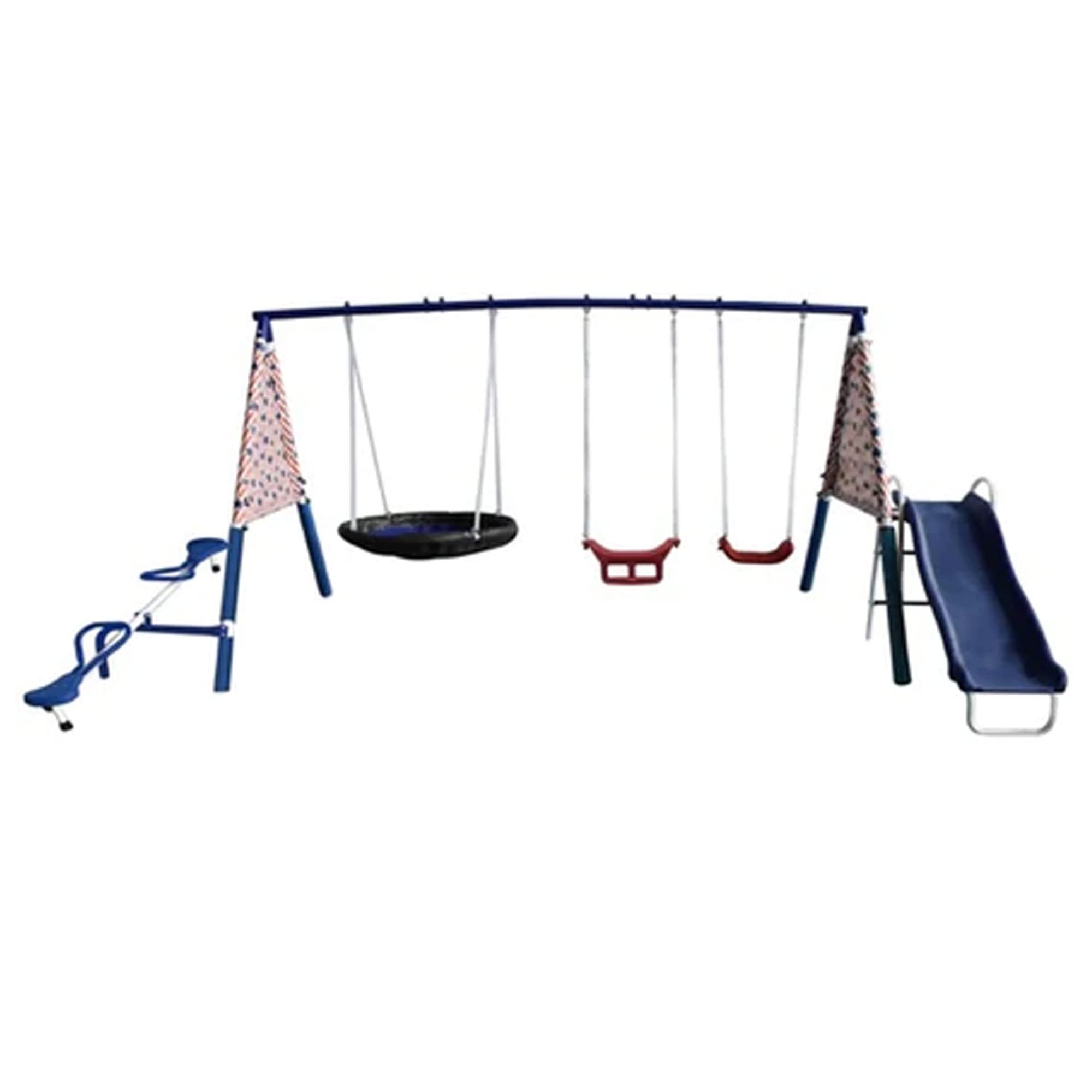Metal A-Frame Outdoor Swing Set with Slide and See-Saw