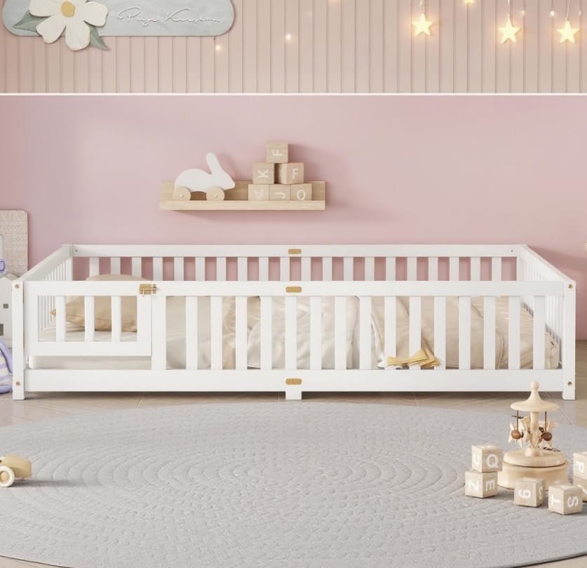 Queen Size Floor Bed for Kids, Girls, Boys, Wood Floor Bed with slats and Door, White