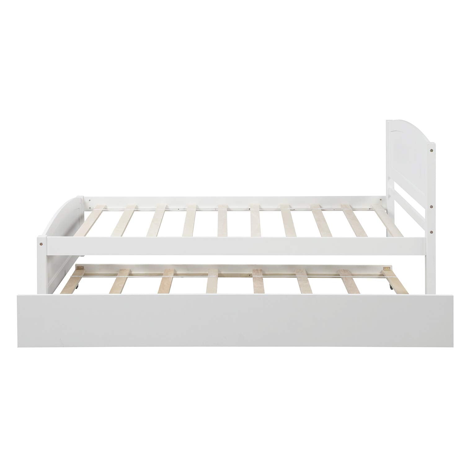 Twin Platform Bed Frame with Trundle, White Solid Wood, 79.5 x 41.7 x 37.5 inches