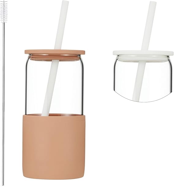 Glass Tumbler with Straw and Lid, 16oz Ice Coffee Cup, Silicone Sleeve Cleaning Brushes