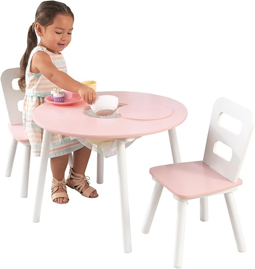 Wooden Round Table & 2 Chair Set with Center Mesh Storage - Pink & White